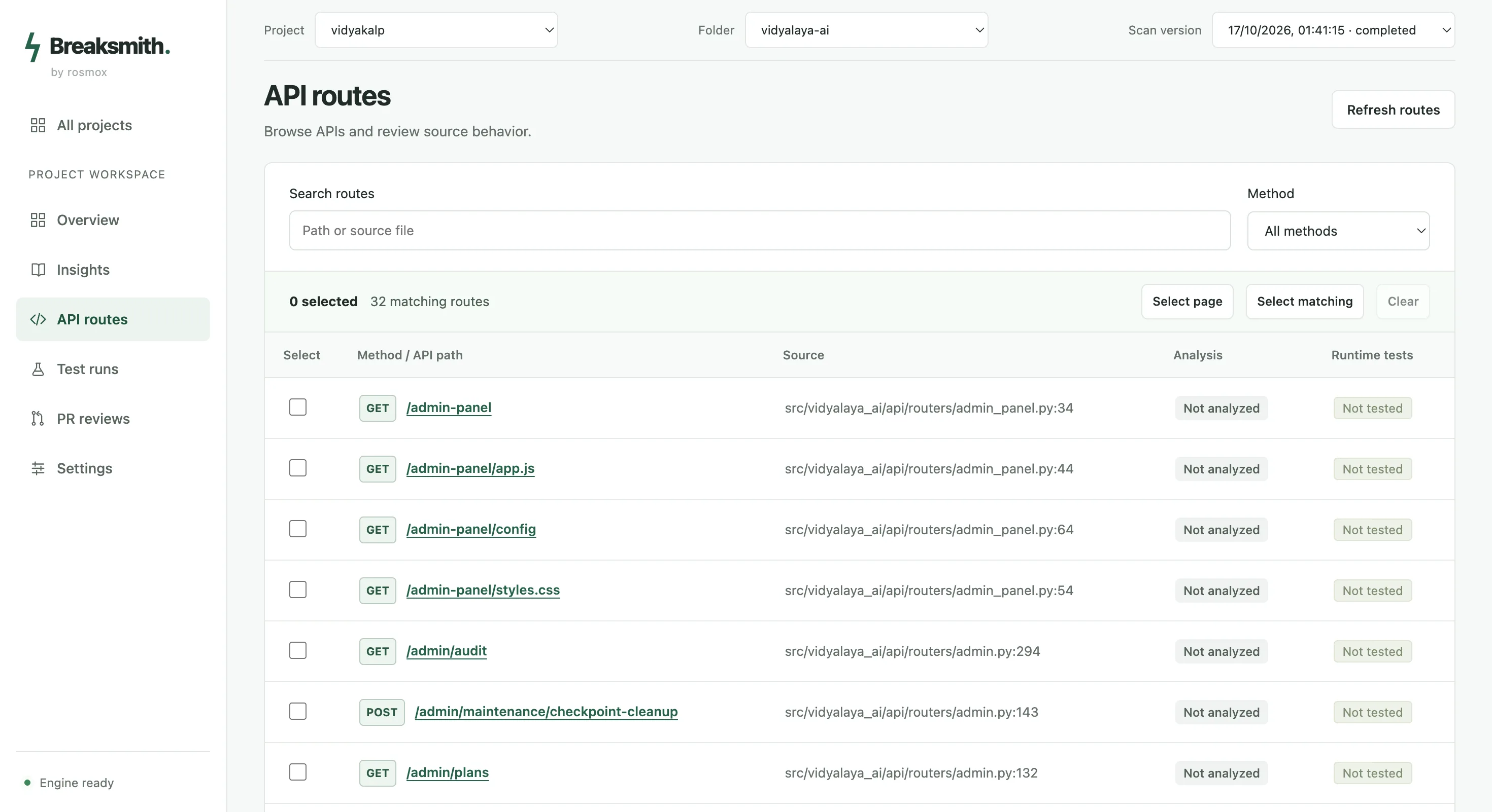 Breaksmith API routes list with methods, source files and analysis status