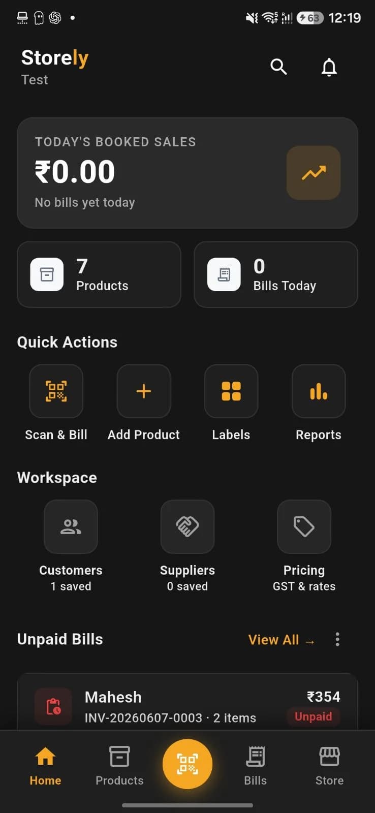 Storely home dashboard with booked sales, Scan and Bill, product actions and unpaid bills