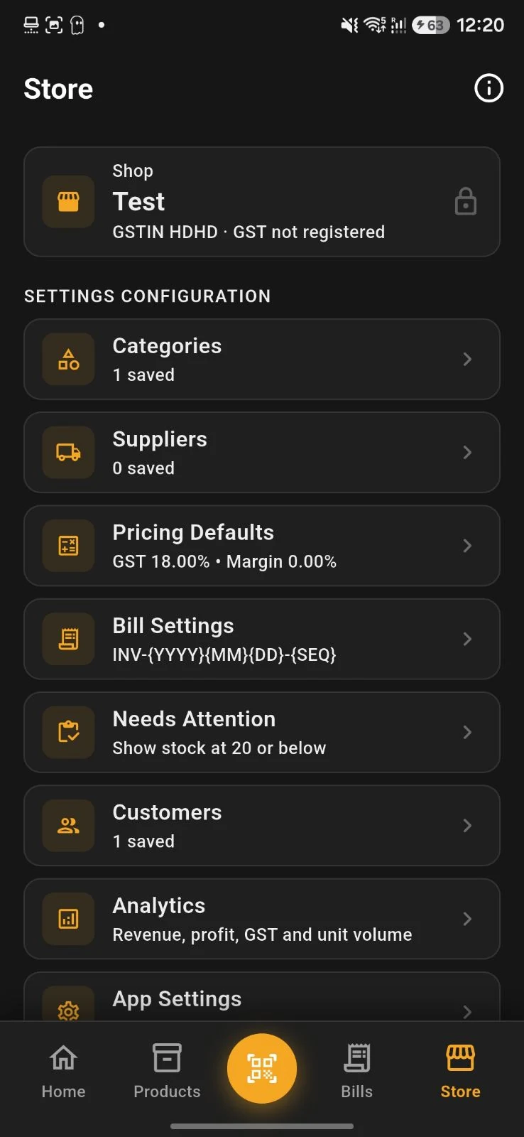 Storely store settings with categories, suppliers, pricing defaults, bill settings and analytics