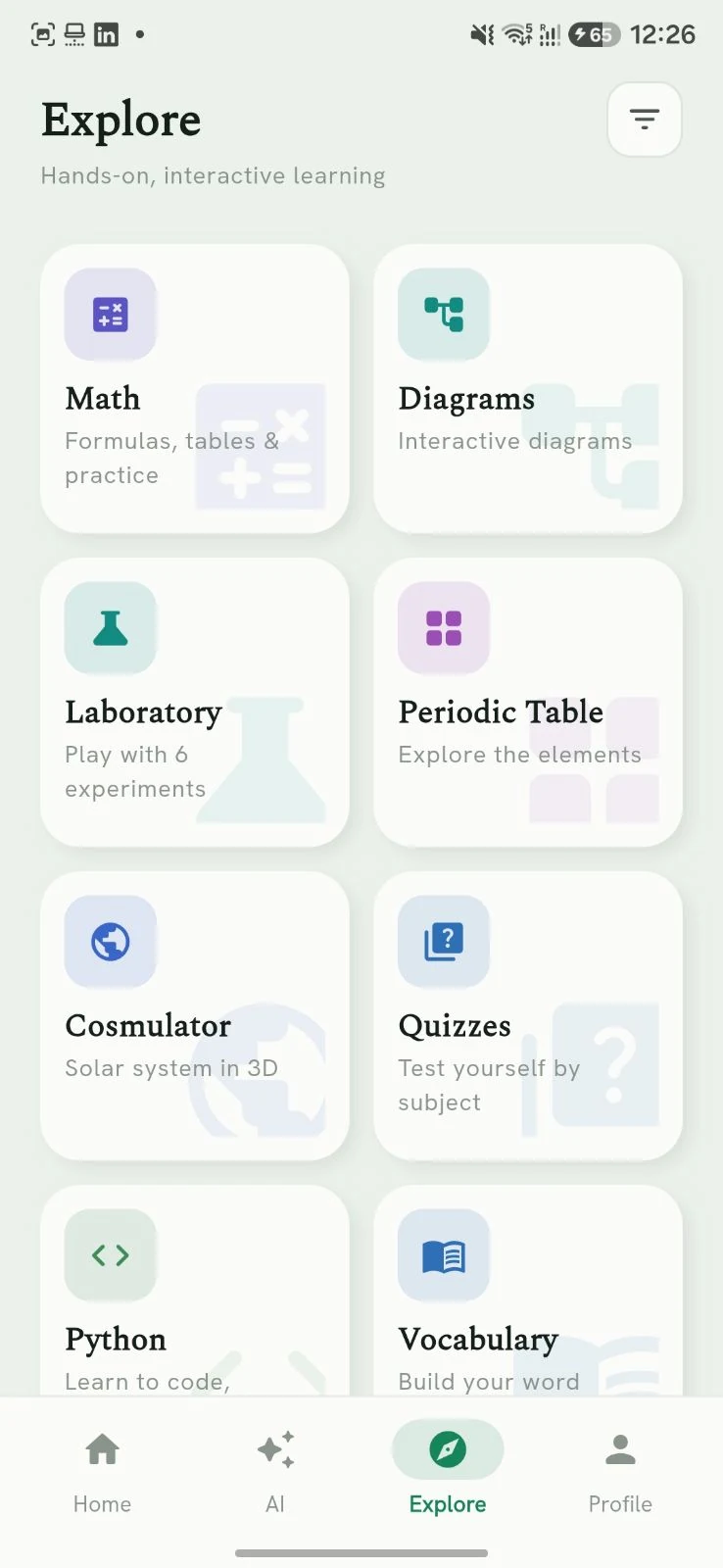 Explore screen with maths, diagrams, laboratory, periodic table, solar system and quizzes